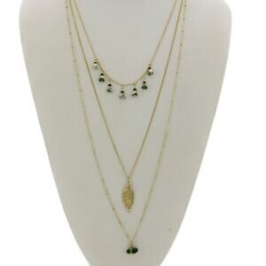 Gold Tone & Green Stone Charm & Feather Layer Necklace